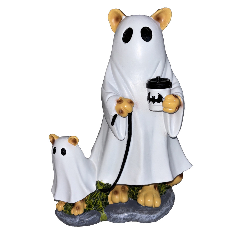 Cat Ghost Walking Dog with Coffee Halloween Figurine Cheetah Bat Spotted Tails